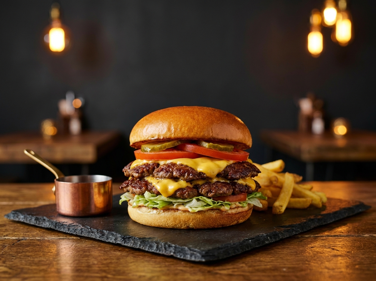 A double smashburger with melted cheese on a toasted brioche bun