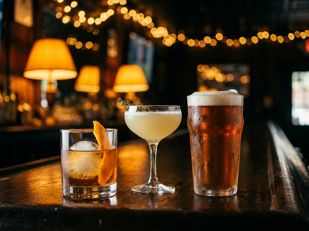Craft cocktails and a cold draft beer on a bar top