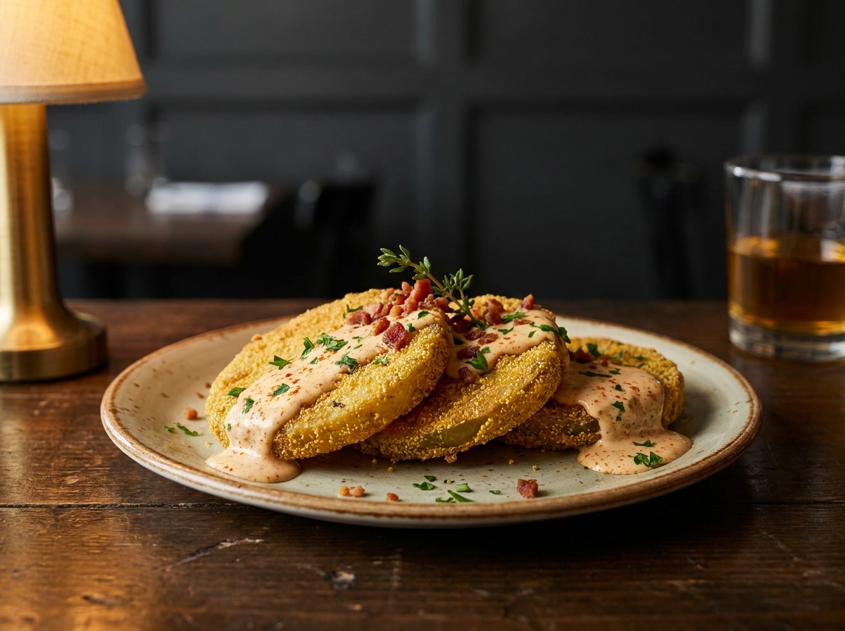 Fried green tomatoes with remoulade on a rustic plate